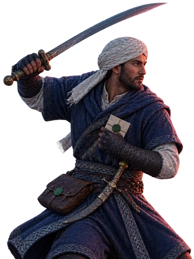 Yusuf ibn Hamid menghunus pedang lengkung ke kanan atas sambil menekan surat bersegel hijau ke dadanya.